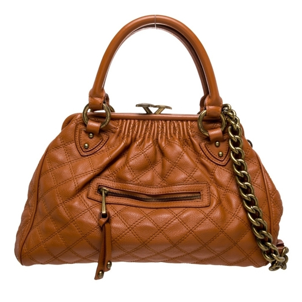 Marc Jacobs Quilted Leather Satchel in Cognac Brown with Gold Hardware